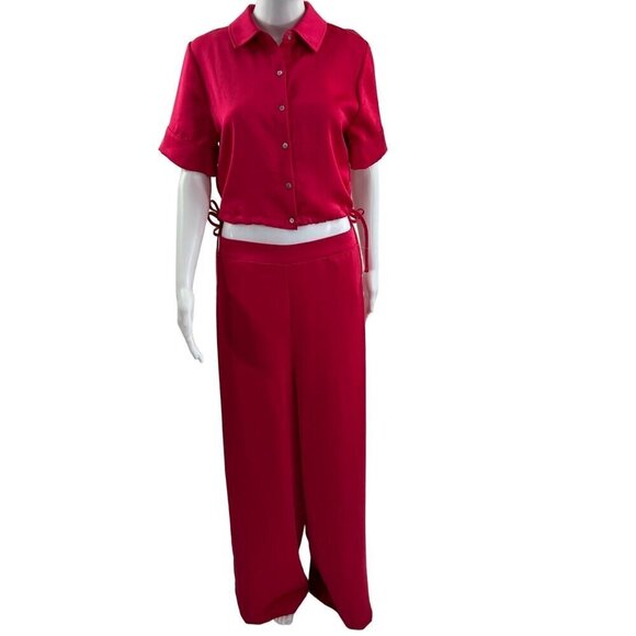 House of Harlow Satin SET Sm Top Lg pants High Elastic Waist Pink Barbiecore NWT - Picture 1 of 16